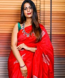 Tashi Threads Hand Block Printed Rayon Silk Saree - Red Sarees