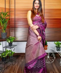 Tashi Threads Hand Block Printed Rayon Silk Saree - Purple