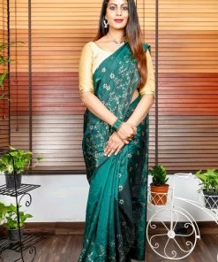 Tashi Threads Sarees Hand Block Printed Rayon Silk Saree - Bottle Green