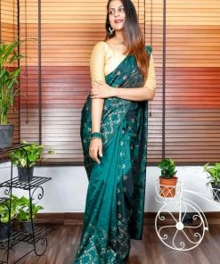 Tashi Threads Sarees Hand Block Printed Rayon Silk Saree - Bottle Green