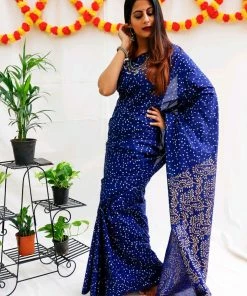 Tashi Threads Hand Block Printed Rayon Silk Saree - Navy Blue