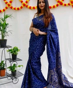 Tashi Threads Hand Block Printed Rayon Silk Saree - Navy Blue