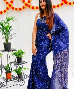 Tashi Threads Hand Block Printed Rayon Silk Saree - Navy Blue 7 Tashi Threads Hand Block Printed Rayon Silk Saree - Navy Blue