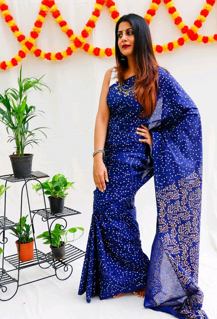 Tashi Threads Hand Block Printed Rayon Silk Saree - Navy Blue 3 Tashi Threads Hand Block Printed Rayon Silk Saree - Navy Blue