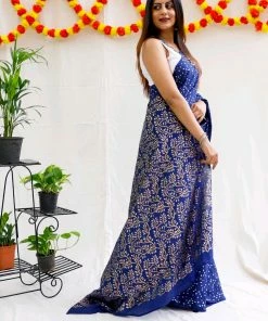 Tashi Threads Hand Block Printed Rayon Silk Saree - Navy Blue 9 Tashi Threads Hand Block Printed Rayon Silk Saree - Navy Blue