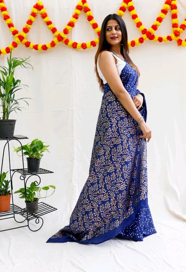 Tashi Threads Hand Block Printed Rayon Silk Saree - Navy Blue 5 Tashi Threads Hand Block Printed Rayon Silk Saree - Navy Blue