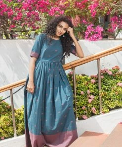 Niram Cotton Buttis Maxi Dress - Blue & Pink Border Ever Willow