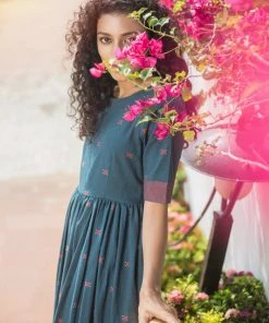 Niram Cotton Buttis Maxi Dress - Blue & Pink Border Ever Willow