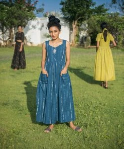 Niram Ever Willow Zari Striped Ankle Length Dress - Blue