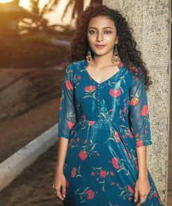 Niram Ever Willow Blue Floral Printed Georgette Dress