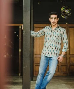 PRINTS VALLEY Men's Shirt Grey Blue Ikat Play Shirt