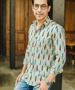 PRINTS VALLEY Men's Shirt Grey Blue Ikat Play Shirt