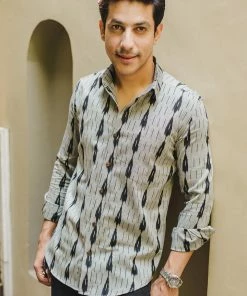 PRINTS VALLEY Men's Shirt Grey Black Double Stripes Ikat Shirt