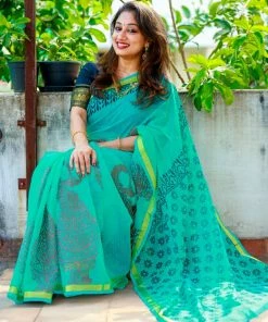Tashi Threads Hand Block Print Saree - Sea Green