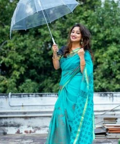 Tashi Threads Hand Block Print Saree - Sea Green
