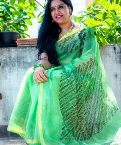 Tashi Threads Hand Block Print Saree - Green