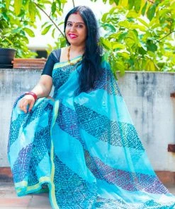 Tashi Threads Hand Block Print Saree - Blue Sarees
