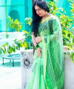 Tashi Threads Hand Block Print Saree - Green