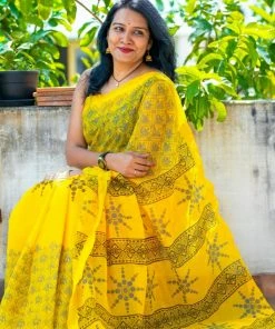 Tashi Threads Hand Block Print Saree - Yellow Sarees
