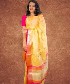 Tashi Threads Sarees Kota Tissue Silk Saree - Yellow