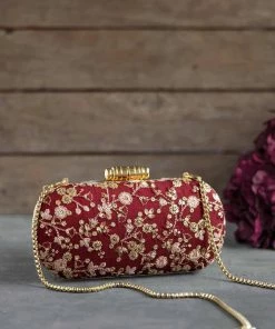 AMYRA Elan Maroon Silk Capsule Clutch