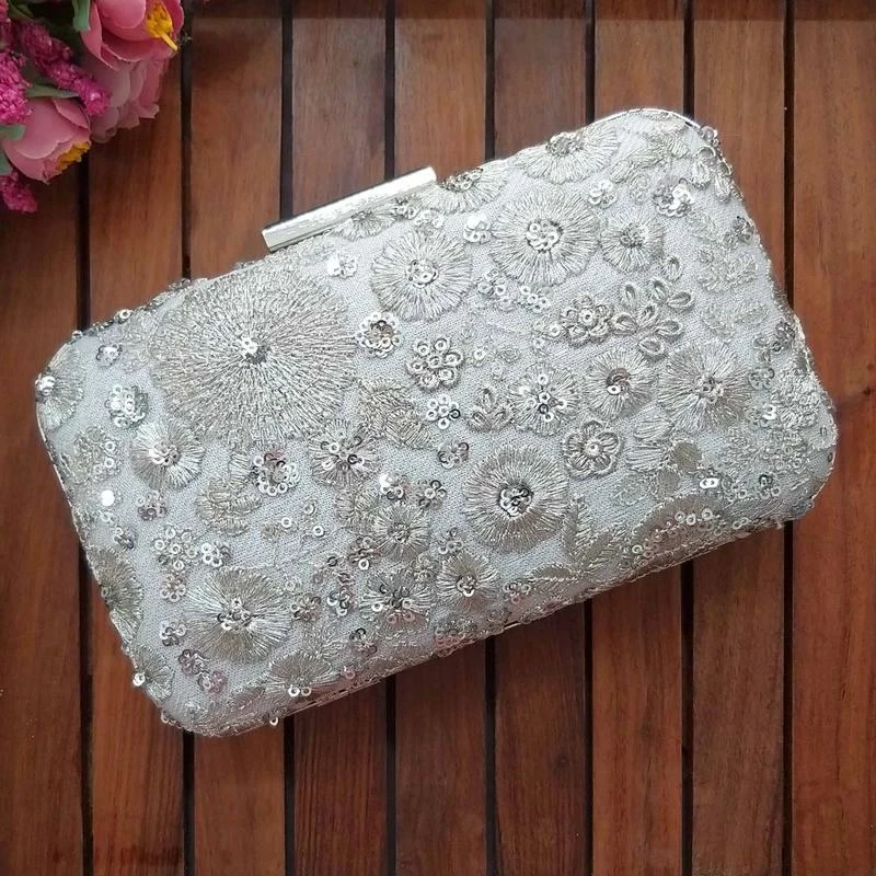 AMYRA Silver Embroidered Box Clutch 1 AMYRA Silver Embroidered Box Clutch