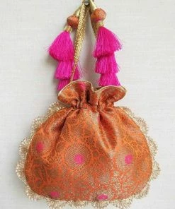 AMYRA Kashi - Orange Pure Banarasi Silk Potli Purse & Potli