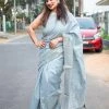 Tashi Threads Ice Blue Jute Linen Saree Sarees