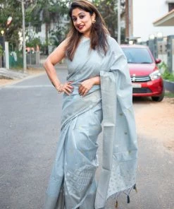 Tashi Threads Ice Blue Jute Linen Saree Sarees
