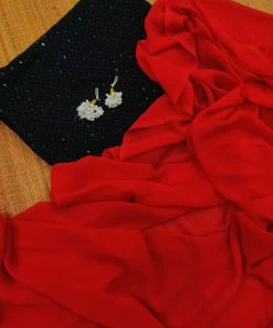 Tashi Threads Plain Gorgette Saree - Black & Red Sarees