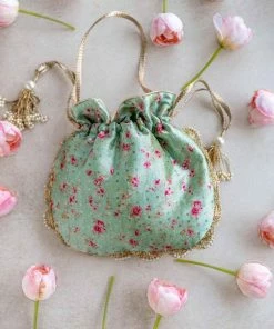 AMYRA Petunia Silk Floral Aquamarine Potli Bag