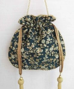 AMYRA Purse & Potli Elan Green Silk Embroidered Potli Bag With Metal Sling