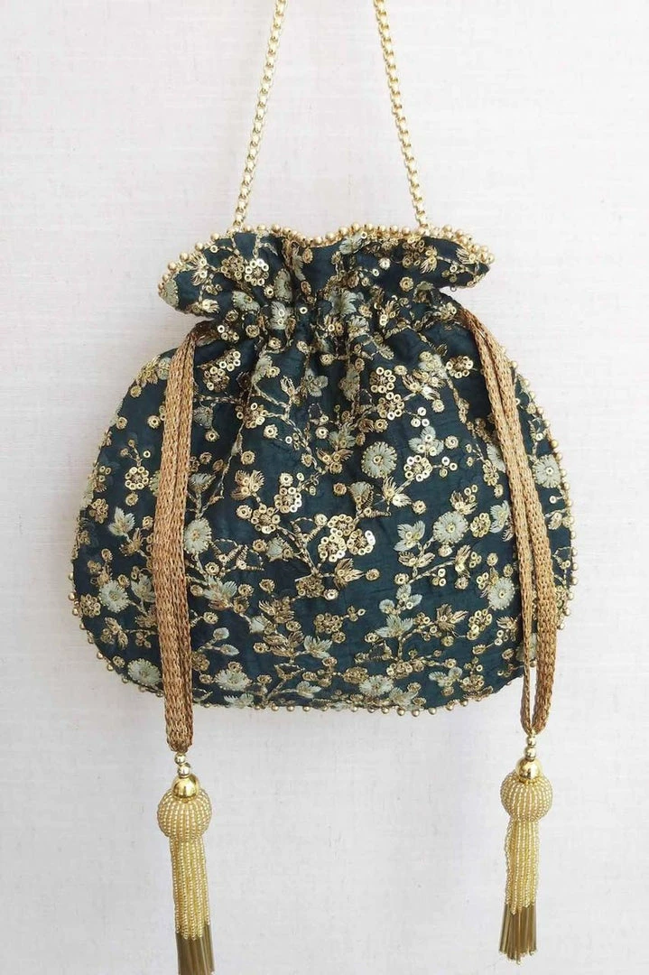 AMYRA Purse & Potli Elan Green Silk Embroidered Potli Bag With Metal Sling 1 AMYRA Purse & Potli Elan Green Silk Embroidered Potli Bag With Metal Sling