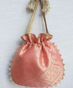 AMYRA Bubblegum Pink Banarasi Potli Bag Purse & Potli