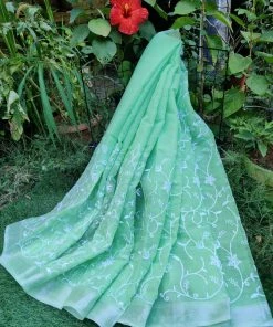 Tashi Threads Sarees Embroidered Kota Doria Saree - Pastel Green