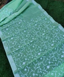 Tashi Threads Sarees Embroidered Kota Doria Saree - Pastel Green