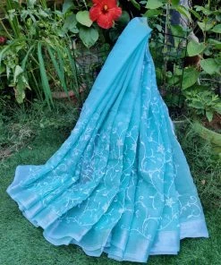 Tashi Threads Sarees Embroidered Kota Doria Saree - Light Blue