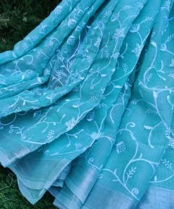 Tashi Threads Sarees Embroidered Kota Doria Saree - Light Blue
