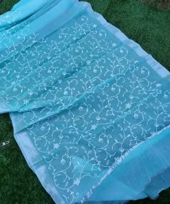Tashi Threads Sarees Embroidered Kota Doria Saree - Light Blue