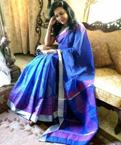 Tashi Threads Sarees Hand Block Printed Silk Cotton Saree - Dark Blue