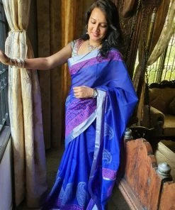Tashi Threads Sarees Hand Block Printed Silk Cotton Saree - Dark Blue