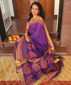 Tashi Threads Sarees Hand Block Printed Silk Cotton Saree - Purple