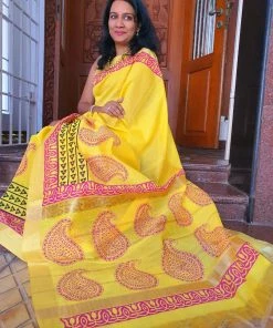 Tashi Threads Sarees Hand Block Printed Silk Cotton Saree - Yellow