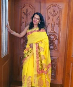Tashi Threads Sarees Hand Block Printed Silk Cotton Saree - Yellow