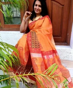 Tashi Threads Hand Block Printed Silk Cotton Saree - Rust Orange