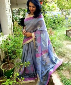 Tashi Threads Hand Block Printed Silk Cotton Saree - Grey Sarees