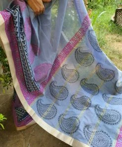 Tashi Threads Hand Block Printed Silk Cotton Saree - Grey Sarees