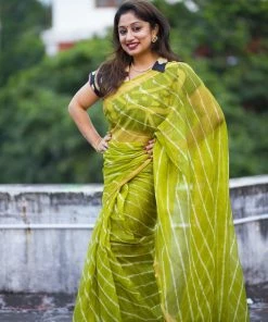 Tashi Threads Kota Leheriya Saree - Olive Green