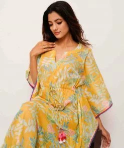 Threeness Breezy Summer Yellow Tropical Kaftan