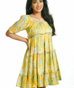 Threeness Yellow Tropical Short Frill Dress